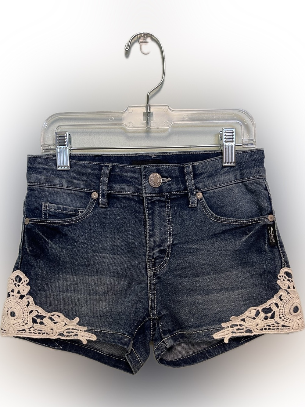 Silver Jeans LACY Dark Blue Denim Shorts with Cream Lace Trim